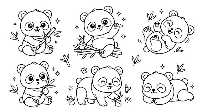 Set of outline panda bears eating bamboo, cute animals in various poses, playful sketches for sticker designs, stationery, embroidery patterns