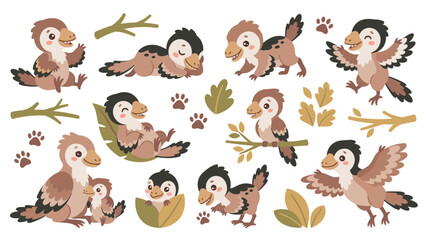 Fototapeta premium Set of cute baby dinosaur characters showing various poses and activities, playful prehistoric creatures, nature elements, fun game assets for
