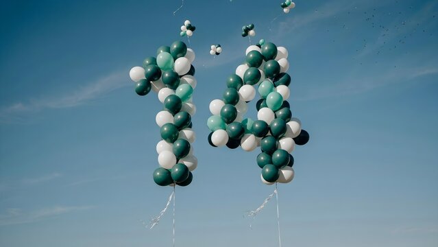 Number 14 made of green and white balloons floating in the blue sky