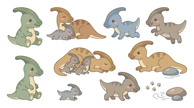 Set of cute parasaurolophus dinosaurs in various poses, funny prehistoric creatures for nursery decor, stickers, children books and pattern designs