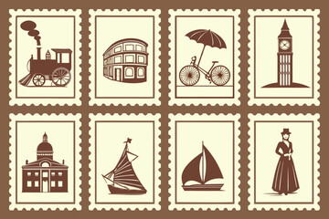 Set of vintage postage stamps featuring steam locomotive town building bicycle and sailing ships building silhouette © Ferewa