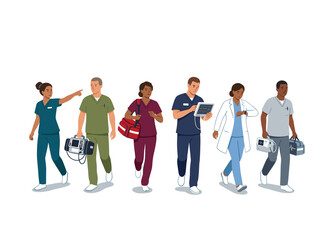 Obraz premium diverse group of medical professionals walking in hospital corridor, emergency response team in scrubs, healthcare staff coordination, clinical