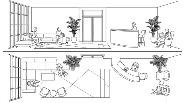 Minimal cad vector illustration of architectural furniture layout, floor plan schematics, home interior drafting, blueprint elevation, construction