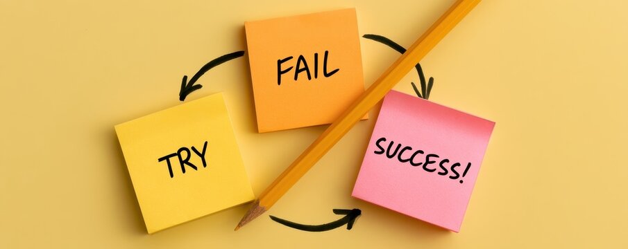 Sticky notes with try fail and success text connected by hand drawn arrows and  pencil