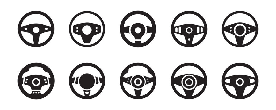 Collection of steering wheel icons representing car control and driving various designs.