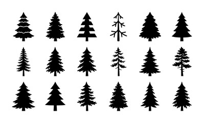 Fototapeta premium Diverse Pine Tree Silhouettes Collection, Evergreen Conifer Icons Set, Forest Woodland Vector Graphics for Nature Design