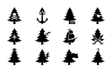 Obraz premium Pirate Christmas Tree Icons, Nautical Holiday Vector Set: Skull, Anchor, Ship, Swords, Hook, Parrot, Compass, Eye Patch, Star, Festive Maritime Symbols