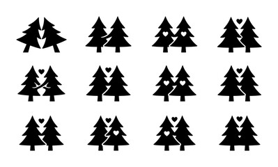 Obraz premium Christmas Tree Icons Set, Festive Evergreen Vector Graphics, Winter Holiday Symbols, Love and Connection Concepts, 12 Black Icons