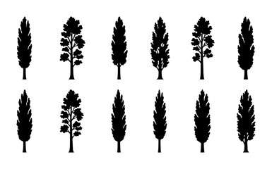 Fototapeta premium Tall Evergreen Tree Silhouettes Collection, Conifer Plant Vector Icons, Nature Landscape Elements, Black and White Botanical Graphics