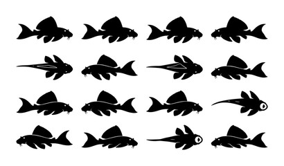 Obraz premium Set of 16 Black Silhouette Plecostomus Fish Vector Icons, Aquatic Animal Graphics, Underwater Life Illustrations for Pet Store and Aquarium Design