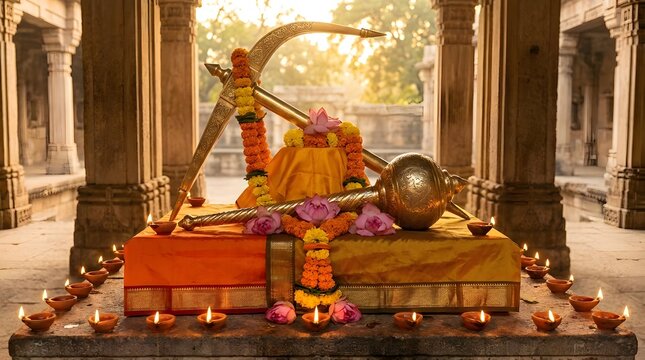Balarama's golden plough (Hal) and mace (Gada) with lit diyas in an Indian temple.