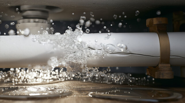 Close-up of a burst plastic plumbing pipe leaking water with splashes and drops on wood