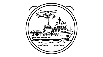 Obraz premium Creative Black and White Sketch of Offshore Oil Rig Platform with Helicopter and Support Ship with high quality professional line art symbols for modern creative design and digital branding projects