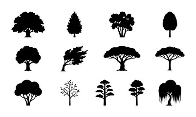 Diverse Tree Silhouettes Collection, Vector Icons for Nature and Landscape Design, Black and White Botanical Elements © Anisur