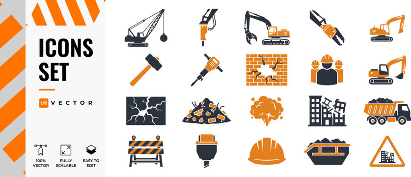 Set of Demolition and Construction Icons Featuring Heavy Machinery and Safety Equipment