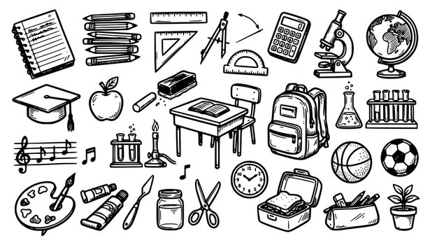 Hand Drawn School Objects and Education Doodle Vector Illustration