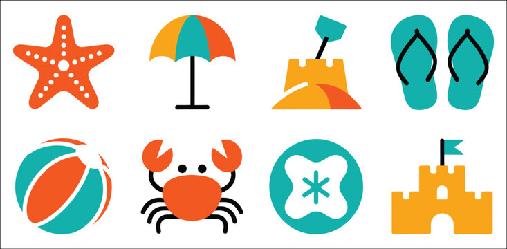 Colorful summer beach and ocean icon collection, featuring starfish, umbrella, sand bucket, flip-flop, beach ball, crab and sand dollar elements for tropical vacation, coastal recreation, and seaside.
