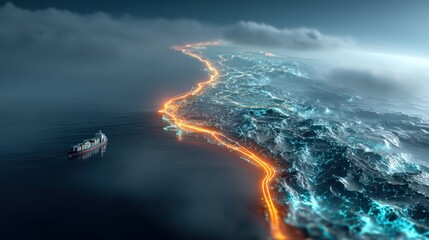 Obraz premium A futuristic city skyline glows with vibrant neon lights and energy conduits, snaking across the land under a misty sky. ..Created with Generative AI, not depicting real subjects.