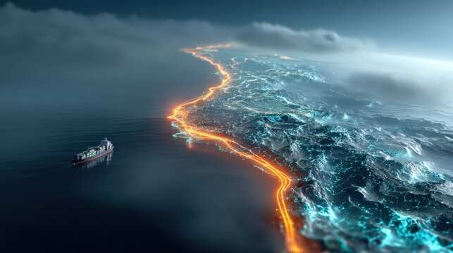 A futuristic city skyline glows with vibrant neon lights and energy conduits, snaking across the land under a misty sky. ..Created with Generative AI, not depicting real subjects.