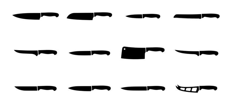 Kitchen Knife Set Vector Icons, Chef Knives Collection, Culinary Tools Silhouettes, Food Preparation Equipment Graphics