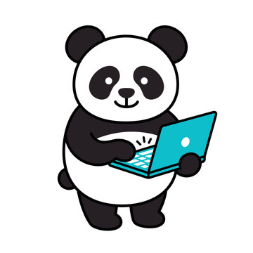 Happy panda standing and holding blue laptop.