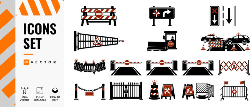 Set of Road Construction and Security Barriers Icons