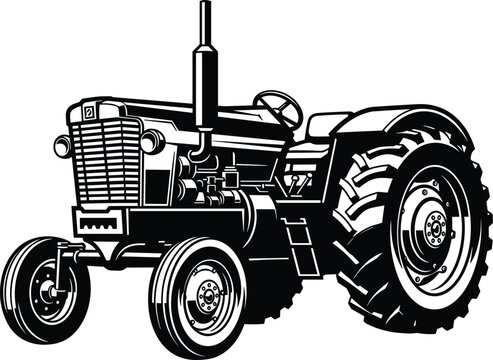 Vintage farm tractor illustration, black and white vector machinery, agriculture equipment design, classic farming vehicle, isolated white background