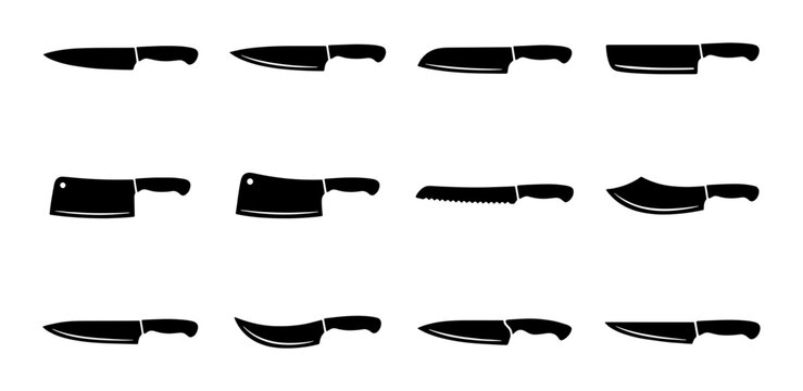 Kitchen Knife Collection, Chef Knives Set, Culinary Tools Icons, Food Preparation Utensils, Black and White Vector Graphics for Cooking