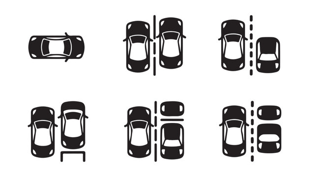 Top view car icons set showing vehicle parking positions and road maneuvers on transparent gray background.