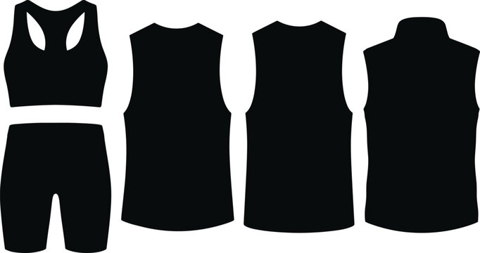 Blank sportswear clothing silhouette collection featuring sports bra, biker shorts, and sleeveless tank top templates