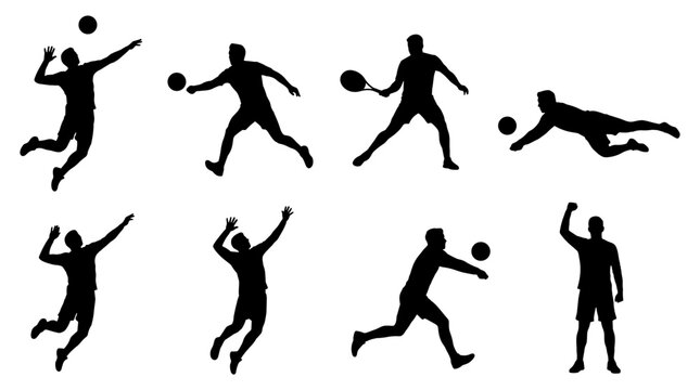 Collection of sport silhouettes, including volleyball players in action, a tennis player serving, and a baseball player diving, ideal for sports