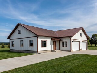 Obraz premium 3D Illustration of Tan Metal Barn Building with Brown Roof in Countryside