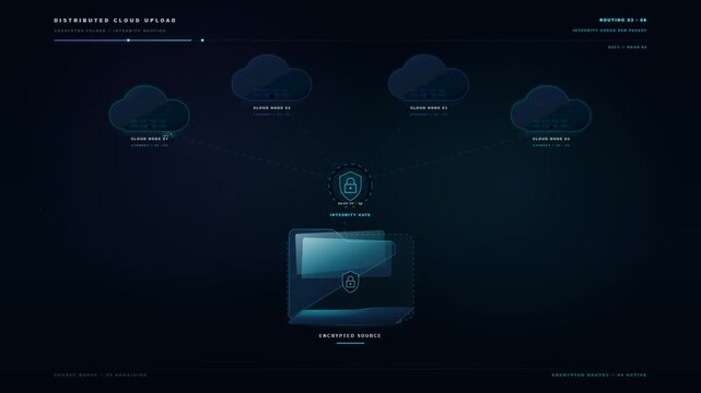 Distributed cloud upload animation with encrypted data syncing from device to multiple clouds