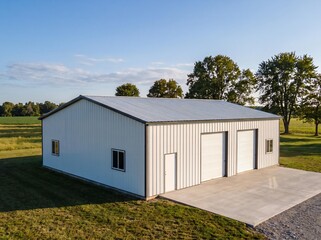 3D Illustration of Beige Metal Pole Barn with Garage Doors in Green Field © Vani