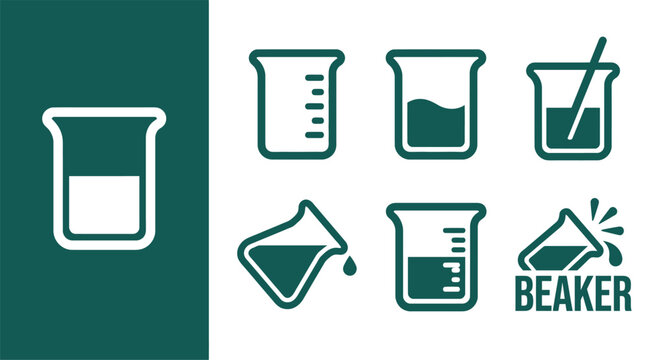 Minimalist dark teal laboratory beaker icon set featuring a 2x3 grid of various scientific glassware icons like scale marks, liquid, stirring, and pouring actions on white.