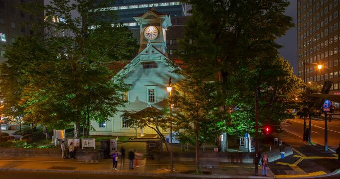 Sapporo Clock Tower Night Timelapse: Historic Wooden Building with City Street Traffic Lights, Hokkaido, Japan - 4K Medium Shot