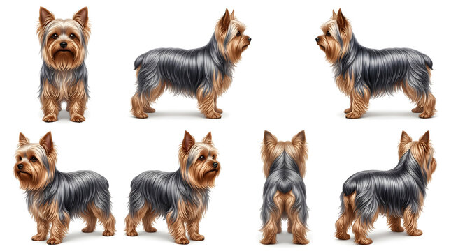 Yorkshire Terrier Collection: A set of detailed illustrations showcasing a Yorkshire Terrier from multiple angles, highlighting its compact size, distinctive coat, and alert expression.