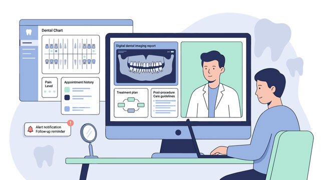 Patient having online dental consultation with dentist via video call, remote medical diagnosis, tele-dentistry services, oral health digital