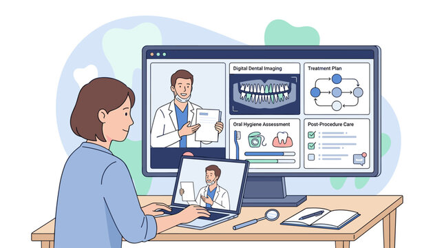 Woman attending remote dental consultation with practitioner on laptop and monitor, telemedicine health checkup, digital dentistry, online