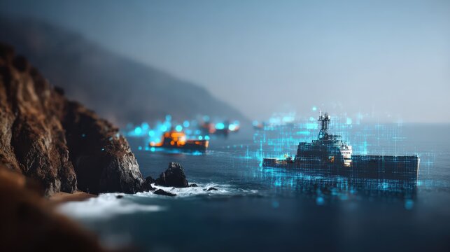 Futuristic digital ships sail on the ocean near a rocky coastline, illuminated by glowing blue data streams. ..Created with Generative AI, not depicting real subjects.