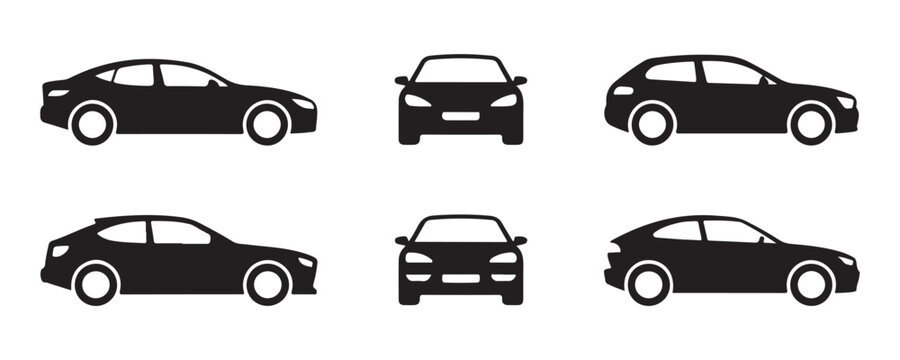 Set of black car side and front view vector silhouettes for automotive graphic design on transparent now.
