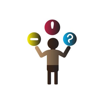 Person holding plus minus and question icons isolated on white background