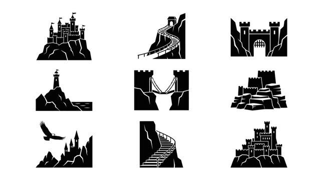 Black and white castle wall icons.