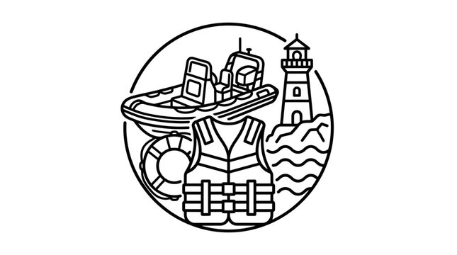 Minimalist Black and White Circular Featuring Lighthouse Ship Road Train Bridge and Cityscape with high quality professional line art symbols for modern creative design and digital branding projects