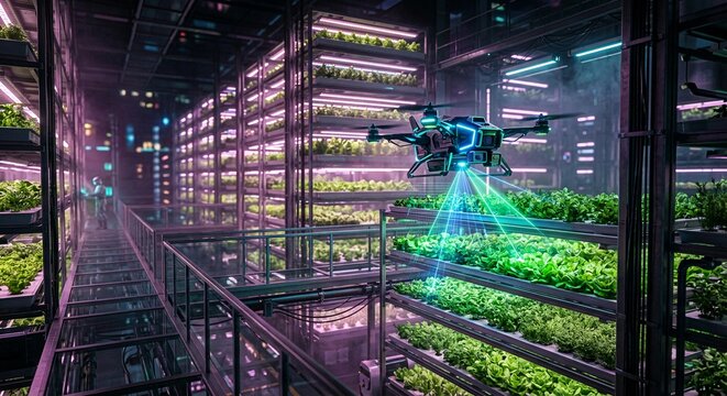 Generative AI photo of a futuristic agricultural drone scanning green crops with laser in an indoor vertical hydroponic farm at night