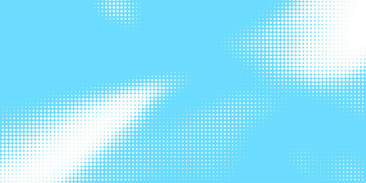 Bright blue sky halftone background. Fading retro comic gradient pattern. Pixelated dotted cloud texture overlay