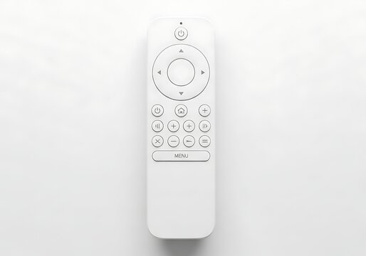 Modern white television remote control with circular navigation button and simple menu interface