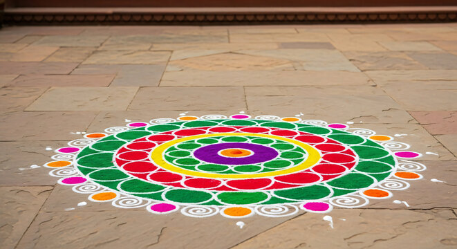 Traditional Indian Rangoli Pattern on Stone Floor