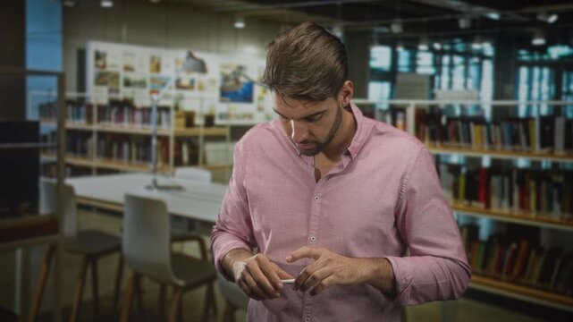 Man holding a creditcard and tapping thumb while inspecting card in a library study area; concentration payment security.