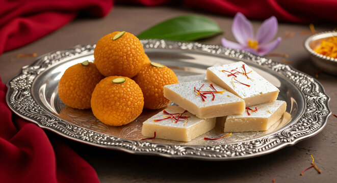 Indian Sweets Laddu and Kaju Katli on Silver Plate for Festival